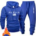 Men casual sportswear set Fashionable American-style letter printed fleece pullover and fitted sweatpants set highly versatile.