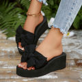 Summer Women's Thick Soled High Heels Slippers New Seaside Fashion Bow Wedge Black Beach Sandals. 