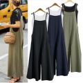 Women's Summer Sleeveless Jumpsuit Solid Color Wide Leg Bib Overalls Casual Loose Cotton Linen Straps Dungaree.