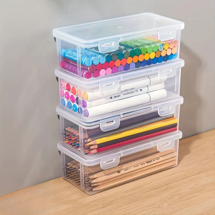 2pcs Large Capacity Transparent Plastic Pencil Boxes, Portable Tension Mount Storage Organizer for Oil Pastels, Crayons