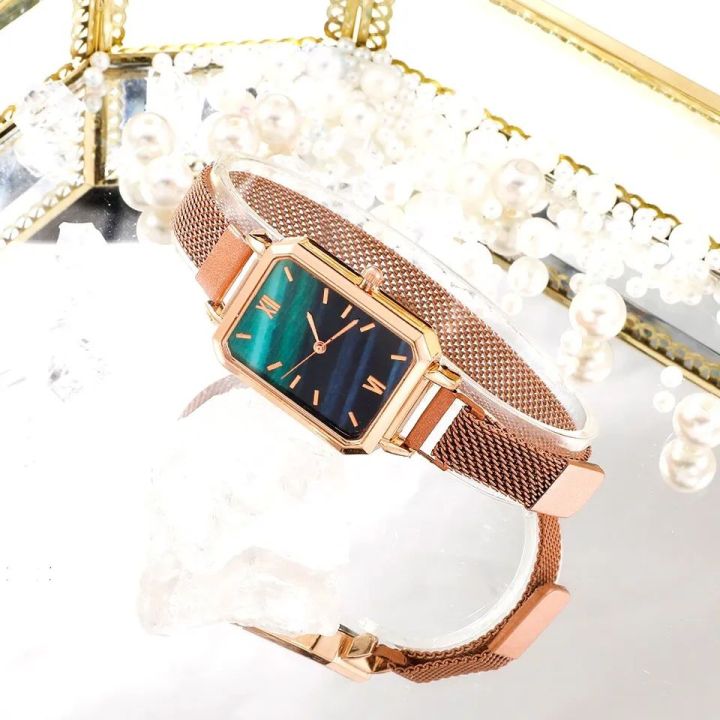 Women%20Watches%20Fashion%20Square%20Ladies%20Quartz%20Watch%20Bracelet%20Set%20Green%20Dial%20Simple%20Rose%20Gold%20Mesh%20Luxury%20Women%20Watches%20-%20Image%202