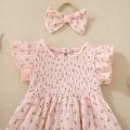 Summer female infant pink short-sleeved flower and plant print triangular Romper and bow headscarf two-piece set. 