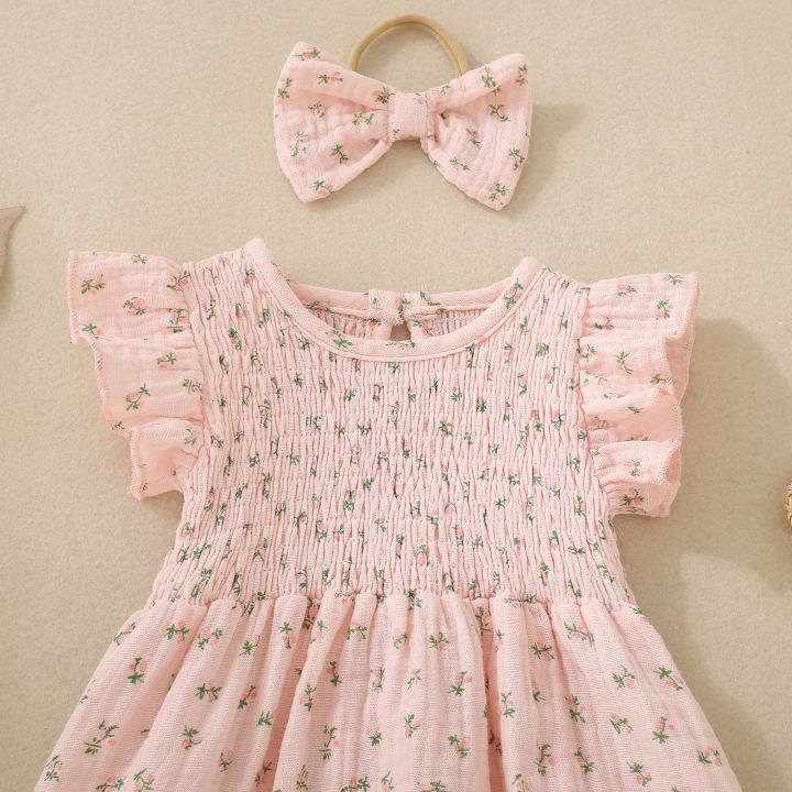 Summer%20female%20infant%20pink%20short-sleeved%20flower%20and%20plant%20print%20triangular%20Romper%20and%20bow%20headscarf%20two-piece%20set%20-%20Image%203