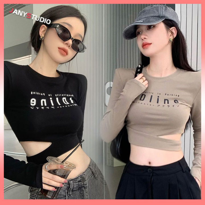 The destination of the new autumn women's o-neck long-sleeved Korean-style sexy crop top