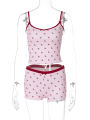 Hugcitar Cherry Print 2 Pcs Matching Sets Slips Bows  Slim Crop Camis Top Shorts Summer Casual Women Outfit Festival Workout. 
