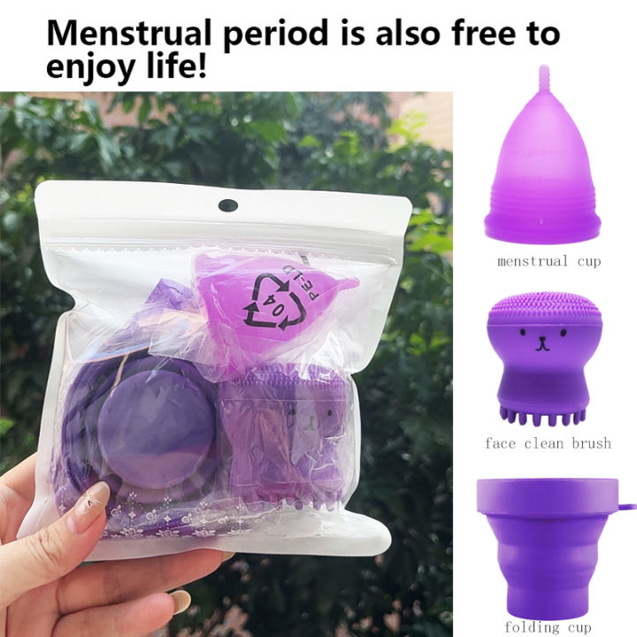 Silicone Menstrual Cup+Folding Cup,used for Female Menstrual Period,Reusable Menstruation Collector+Face Cleansing Brush
