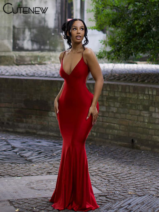 Nibber%20Red%20Shiny%20Spaghetti%20Strap%20Maxi%20Dress%20Women%20Solid%20%20Backless%20Ruched%20Cleavage%20Body-shaping%20Robe%20Lady%20Hipster%20Streetwear%20-%20Image%204