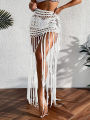 Crochet Tassel Bikini Cover Up Dress Beach Wear Women Tie Up Bather Bathing Suit Tassel Long Skirt Swimsuit Cover Up Beach Dress. 