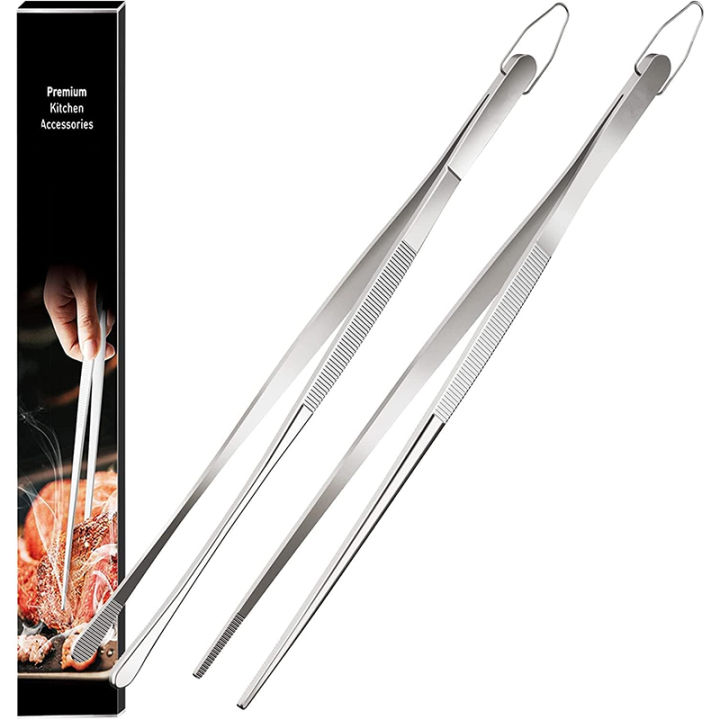LMETJMA 2Pcs Kitchen Tweezers Heavy Duty Stainless Steel Food Tongs Chef Cooking Tweezers For BBQ Grilling Cooking JT349