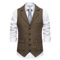 Men's Retro Lapel Chain Vest Fashion Herringbone Coarse Tweed Pockets Suit Vest British Casual Vintage Gentleman Leisure Party.