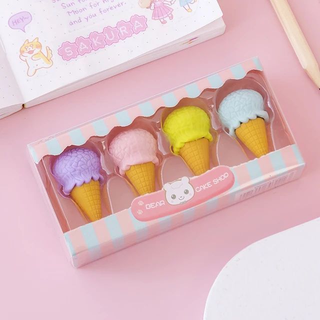 4PCS Gift Holiday Prize For Kids Student Mini Cartoon Eraser Box Rubber Pencil Eraser Erasers Set Yummy Dessert Eraser