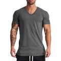 Solid Cotton V-Neck Short Sleeve Running T-Shirts Men Summer Gym T Shirt Fitness Clothing Slim Fit Bodybuilding Workout Tee Tops.
