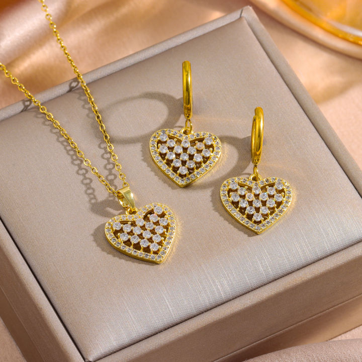 Cute Romantic Zircon Crystal Heart Necklace Earrings For Women Top Luxury 18K Gold Plated Stainless Steel Jewelry Set Female