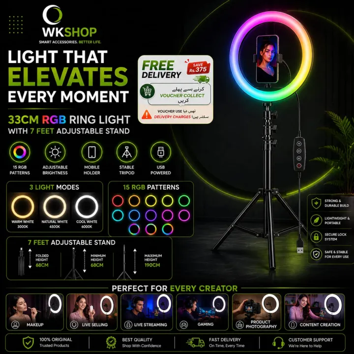 WKSHOP%2033CM%20RGB%20Ring%20Light%20with%207FT%20Adjustable%20Tripod%20Stand%20USB%20LED%20Selfie%20Ring%20Lamp%20for%20TikTok%20YouTube%20Live%20Streaming%20Makeup%20Photography%20Video%20Recording%20Mobile%20Holder%20Dimmable%20Studio%20Light%2026%20RGB%20Modes%203%20Color%20Temperatures%20for%20Creators%20Vloggers%20Gaming%20-%20Image%208
