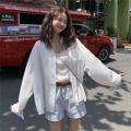 Koko. white long-sleeved shirt Korean-style loose chiffon shirt female simple versatile long-sleeved shirt short back sunscreen shirt # w308. 