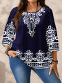 Plus Size Women's Boho Print T - Shirt, Navy Blue with White Floral Patterns, 3/4 Sleeves, Super Comfy for Daily Casual Wear.