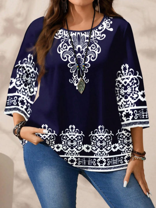 Plus%20Size%20Women's%20Boho%20Print%20T%20-%20Shirt,%20Navy%20Blue%20with%20White%20Floral%20Patterns,%203/4%20Sleeves,%20Super%20Comfy%20for%20Daily%20Casual%20Wear%20-%20Image%206