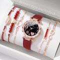 6PCS/Set Fashion Heart Dial Women's Watch Casual Leather Band Analog Quartz Watch Leaf Bracelets Set（Without Box）. 