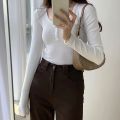 Long Sleeve Tops Women Crop Neck Women's T-shirts Slim Fitted Casual Basic Solid Color Y2K Going Out T Shirts Tee Tops.