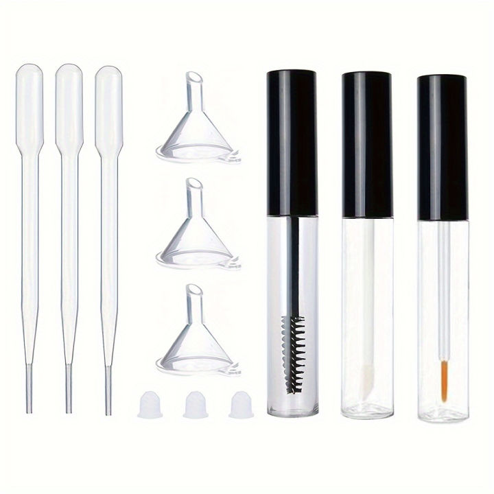 Set of 3 Empty 10ml Mascara Tubes with Mascara Brush for Castor Oil Universal Dispenser Bottle with 3 Funnels, 3 Pipettes