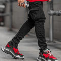Street Elastic Jeans Men Denim Cargo Pants Wash Solid Color Multi Pockets Casual Mid Waist Trousers Slim Fit Daily Wear Joggers. 