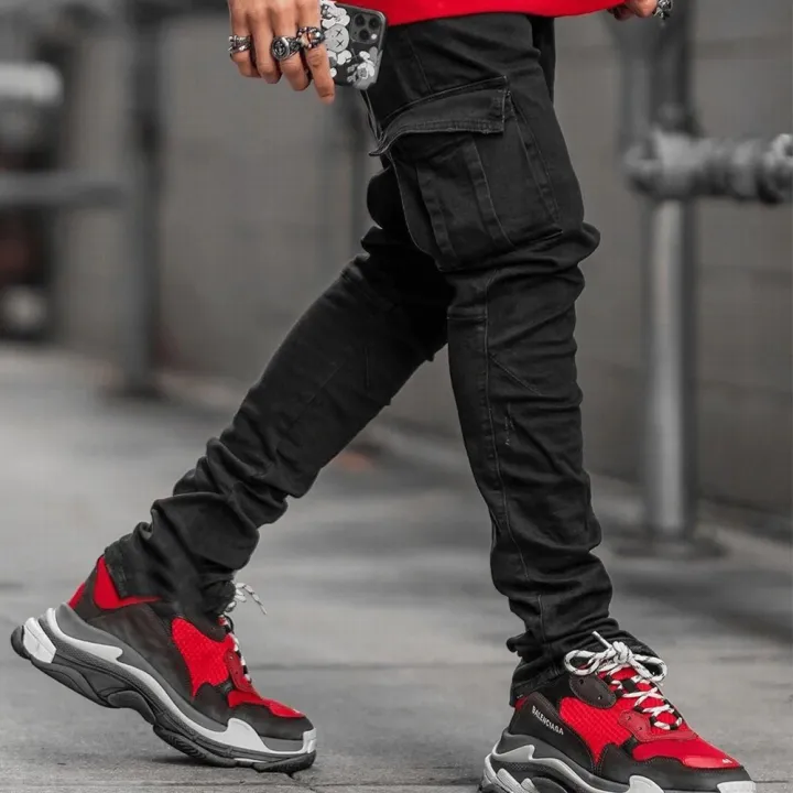 Street%20Elastic%20Jeans%20Men%20Denim%20Cargo%20Pants%20Wash%20Solid%20Color%20Multi%20Pockets%20Casual%20Mid%20Waist%20Trousers%20Slim%20Fit%20Daily%20Wear%20Joggers%20-%20Image%204