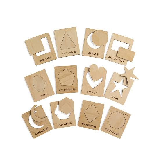 Kids Wooden Shapes Stencils Drawing and Puzzle Kit  Wooden Shapes Spotter Best Learning Toy For Kids Pack of 12 With Words