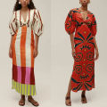 VEITCHE Summer Women Linen Material Long Dresses Fashion Chic Print  V-neck Hollow Out High Waist Party Dress Lady Robes. 