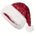 Sequin Christmas Hat Plush Solid Color Sparkle Santa Claus Hat with Long Fluffy Pompom For Adult Kids Christmas Party Decoration.