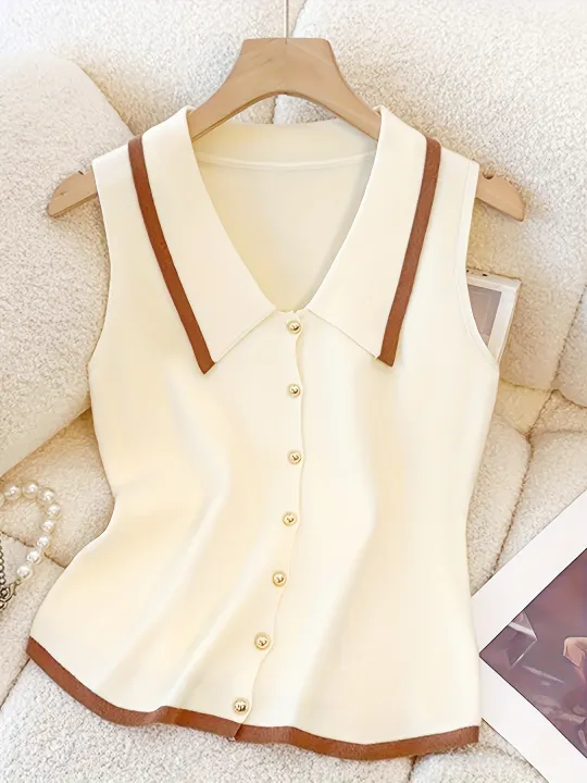 Women's%20French%20Collar%20Knit%20Sleeveless%20Vest%20Contrast%20Color-Block%20Design%20Slimming%20Regular%20Fit%20Button%20Casual%20Top%20for%20Spring%20Summer%20-%20Image%206