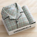 Plus Size Men Pyjamas Fall and Winter Plaid Simple Sleepwear Homewear Cardigan Button down Tops and Pants Nightwear Loungewear. 