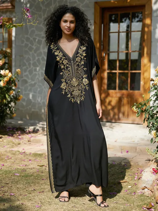 Gold%20Embroidery%20Long%20Kaftan%20Dresses%20V%20Neck%20Caftan%20Dress%20Beach%20Cover%20Ups%20for%20Women%20Embroidery%20-%20Image%202