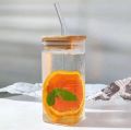 Beautiful Transparent Square Tumbler Glass / Drinking Glass with Glass Straw / Drinking Glass with air tight bamboo Lid. 