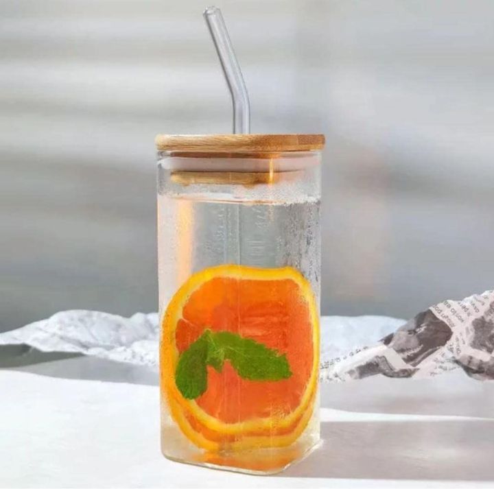 Beautiful Transparent Square Tumbler Glass / Drinking Glass with Glass Straw / Drinking Glass with air tight bamboo Lid