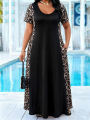 Plus Size Women's Leopard Print Maxi Dress Summer Casual Short Sleeve Crew Neck A Line Flowy Long Dress With Pocket Beach. 