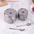 Practical Stainless Steel Sugar Bowl With Handle Lid Spoon Dustproof Waterproof Seasoning Jar Kitchen Restaurant Spice Container. 
