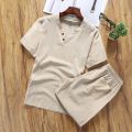 Linen Short-sleeved T-shirt + Shorts 2Pcs Men Cotton Linen Suit For Male Summer Spring Autumn. 