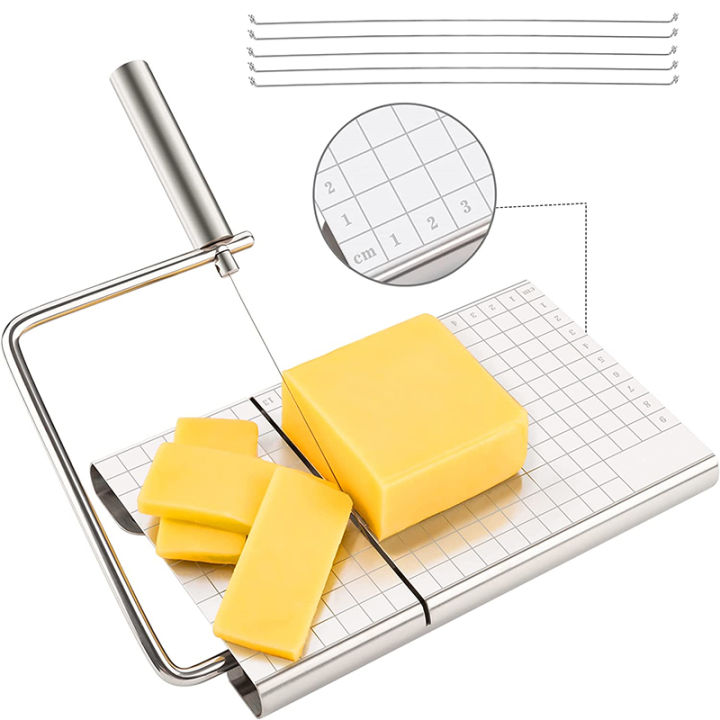 LMETJMA Cheese Slicers with Wire for Block Cheese Adjustable Cheese Cutter Board with 5 Replacement Wires Precise Scale JT53