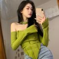 Off Shoulder  Long Sleeve Top Tee Shirt Femme Y2K Clothes Green Tops Mujer T-shirt Black Sexy Funny T Shirts Women Cropped. 