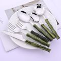 1Pc Green Imitation Bamboo Handle Knife Fork Spoon Dinnerware Cutlery Set  Kitchen Flatware 304 Stainless Steel Tableware Set. 