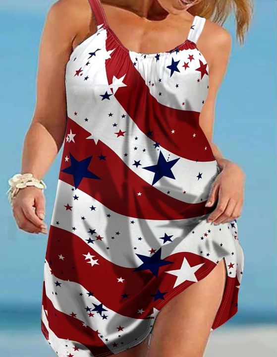 Plus Size Star Print Slip Dress Casual Sleeveless Crew Neck Dress For Spring & SummerWomen's Plus Size Clothing