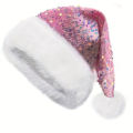 Sequin Christmas Hat Plush Solid Color Sparkle Santa Claus Hat with Long Fluffy Pompom For Adult Kids Christmas Party Decoration.