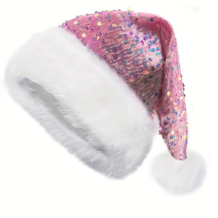Sequin%20Christmas%20Hat%20Plush%20Solid%20Color%20Sparkle%20Santa%20Claus%20Hat%20with%20Long%20Fluffy%20Pompom%20For%20Adult%20Kids%20Christmas%20Party%20Decoration%20-%20Image%205