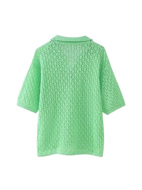 Women%20Fashion%20Pointelle%20Knit%20Loose%20Sweater%20Polo%20Collar%20Short%20Sleeve%20Female%20Pullovers%20Chic%20Tops%20-%20Image%205
