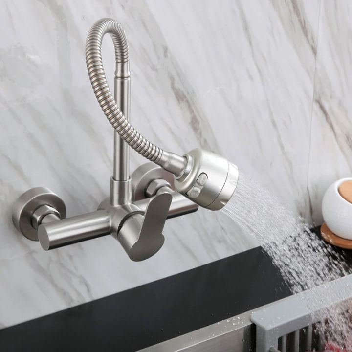 Black/Brushed%20Kitchen%20Faucet%20Wall%20Mount%202%20Function%20Hot%20and%20Cold%20Water%20Sink%20Faucet%20360%20Degree%20Rotating%20Sprayer%20Faucet%20-%20Image%206