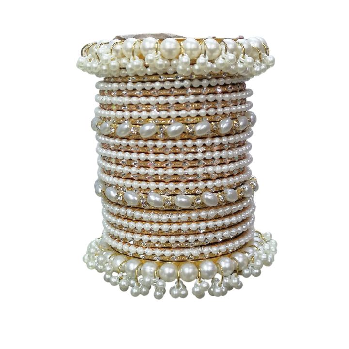 Combo Of Pearl Bangle with Fancy Metal Bangle for Women and Girls, White Pearls Kadha Bangles Set for Girls