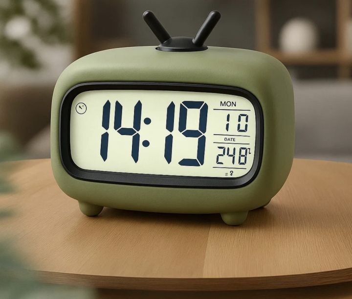 Cute Retro TV-Shaped Digital Kitchen Timer & Stopwatch | Large Digit Countdown | Baking | Study Table | Office and Accessories-Green Electronic table clock with backlight, thermometer, alarm clock and weather station