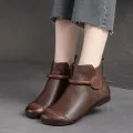 Retro Women Short Ankle Boots 2024 Autumn Winter Faux Cow Leather Slip-on Shoes Handmade Round Toe Light Weight Flat Booties. 