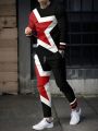 Fashionable Summer Men's Striped Patchwork Print Breathable Round Neck Long Sleeved Pants Set Outdoor Casual Wear.
