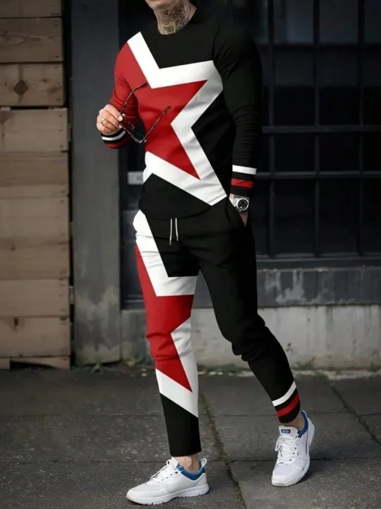 Fashionable%20Summer%20Men's%20Striped%20Patchwork%20Print%20Breathable%20Round%20Neck%20Long%20Sleeved%20Pants%20Set%20Outdoor%20Casual%20Wear%20-%20Image%204